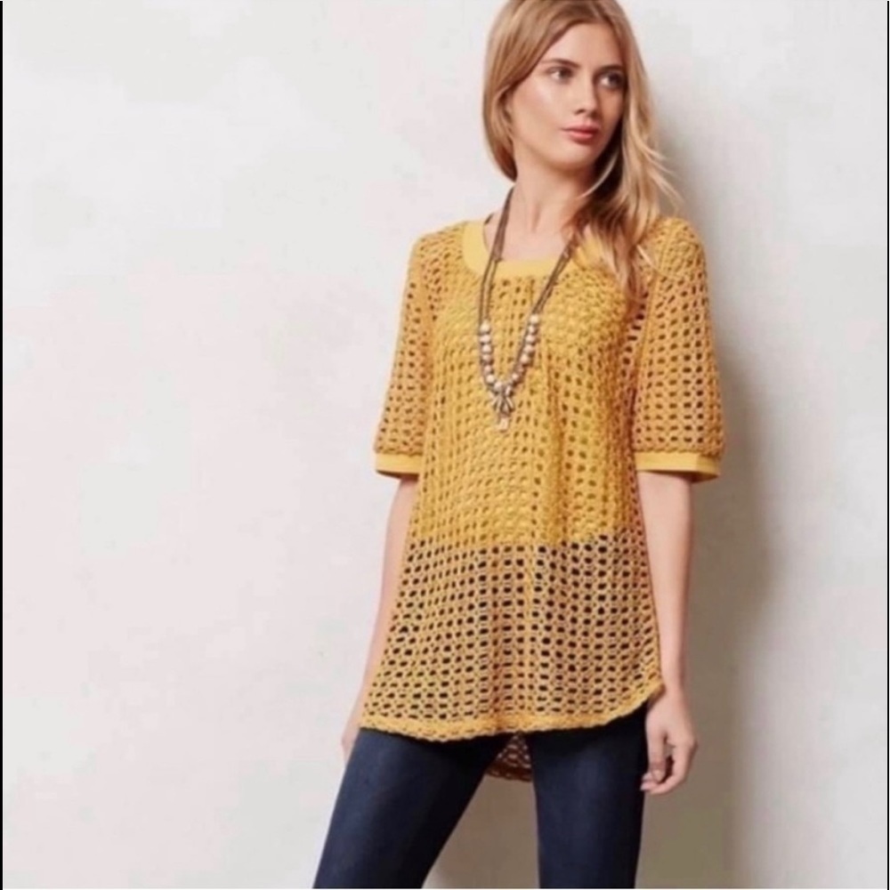 ANTHROPOLOGIE ANGEL OF THE NORTH GOLDEN ROD CROCHET SWEATER
